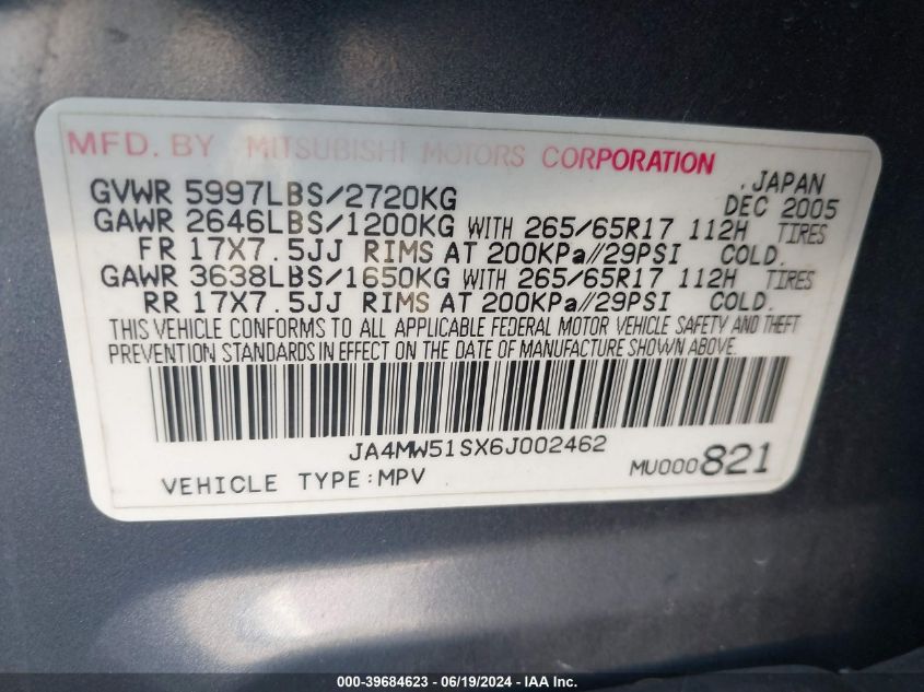 2006 Mitsubishi Montero Limited VIN: JA4MW51SX6J002462 Lot: 39684623