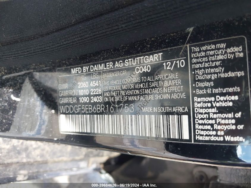 2011 Mercedes-Benz C 300 Luxury/Sport VIN: WDDGF5EB6BR161753 Lot: 39684626