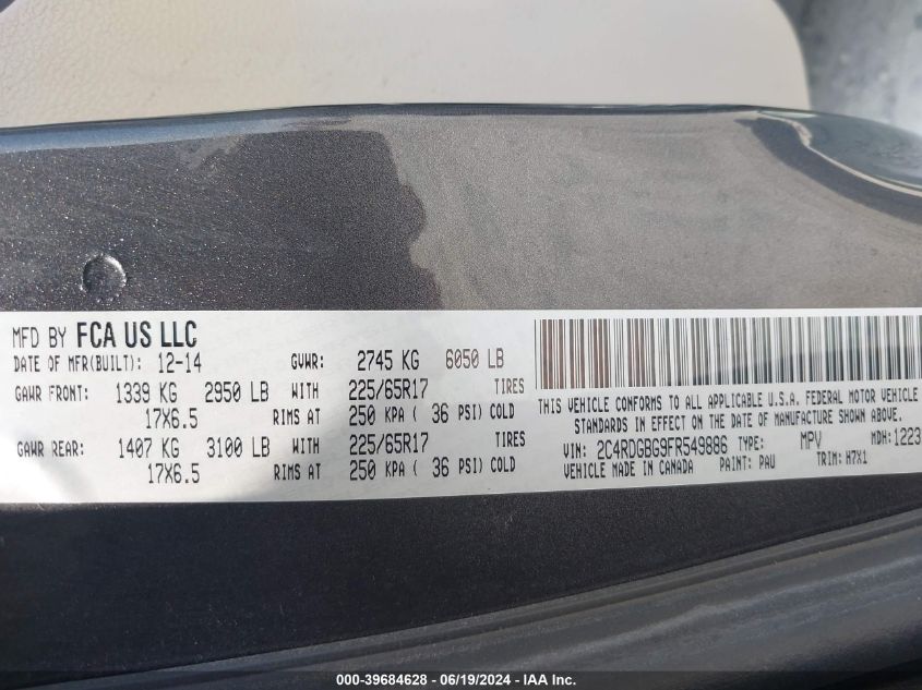 2015 Dodge Grand Caravan American Value Pkg VIN: 2C4RDGBG9FR549886 Lot: 39684628