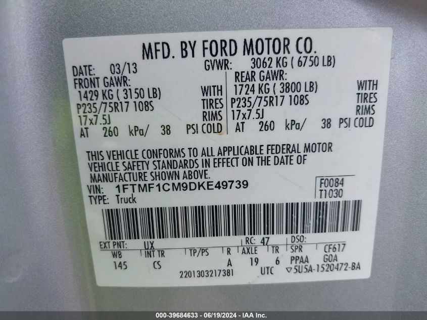 2013 Ford F150 VIN: 1FTMF1CM9DKE49739 Lot: 39684633