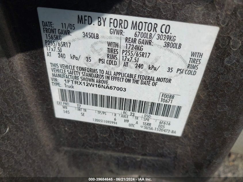 2006 Ford F-150 Stx/Xl/Xlt VIN: 1FTRX12W16NA67003 Lot: 39684645