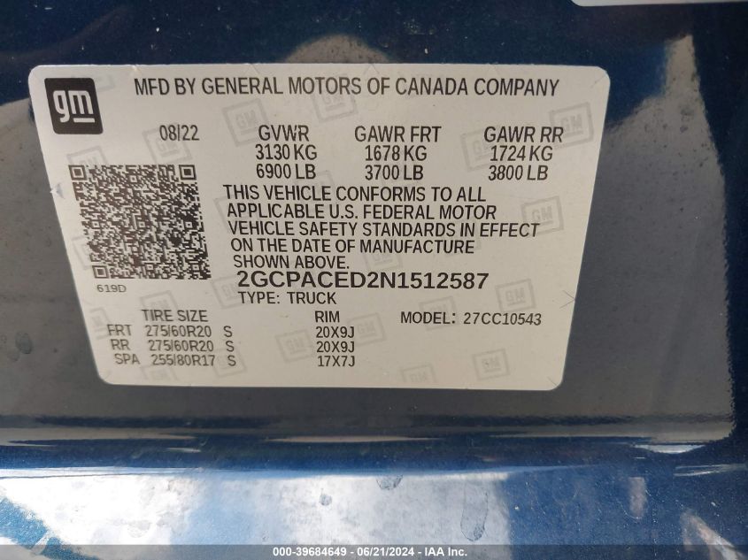 2022 Chevrolet Silverado 1500 2Wd Short Bed Lt VIN: 2GCPACED2N1512587 Lot: 39684649