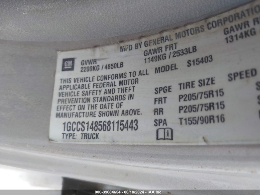 2006 Chevrolet Colorado Ls VIN: 1GCCS148568115443 Lot: 39684654