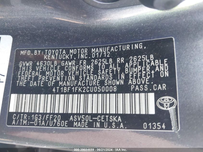 2012 Toyota Camry Se/Le/Xle VIN: 4T1BF1FK2CU050008 Lot: 39684659