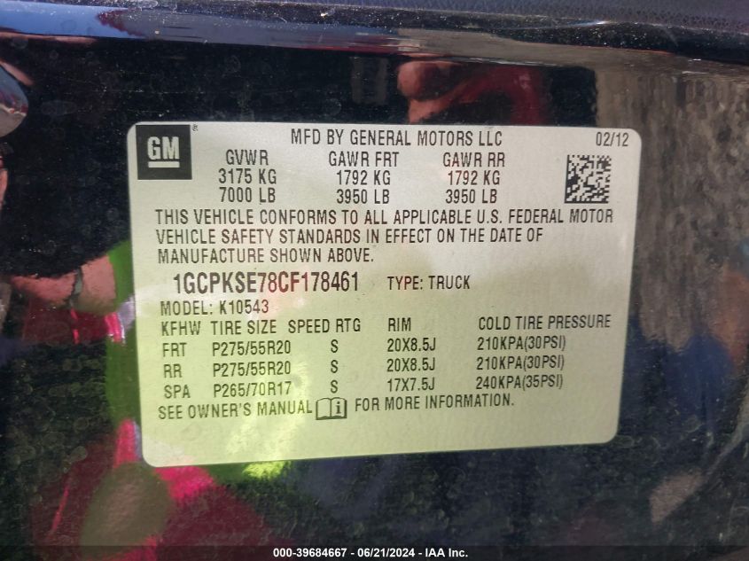 2012 Chevrolet Silverado 1500 Lt VIN: 1GCPKSE78CF178461 Lot: 39684667