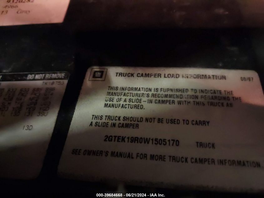 1998 GMC Sierra 1500 Sl Wideside VIN: 2GTEK19R0W1505170 Lot: 39684668