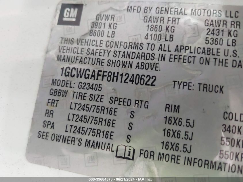 2017 Chevrolet Express 2500 Work Van VIN: 1GCWGAFF8H1240622 Lot: 39684678