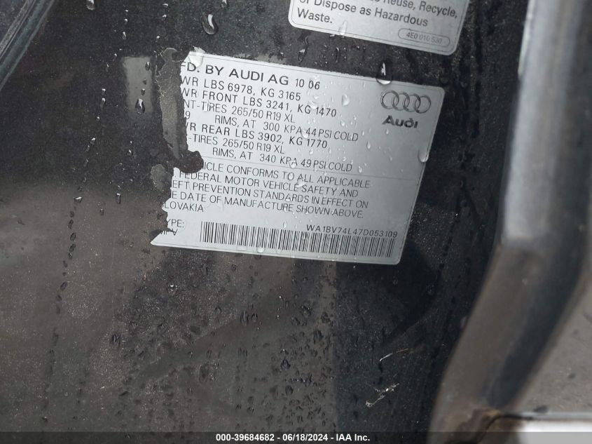 2007 Audi Q7 4.2 Premium VIN: WA1BV74L47D053109 Lot: 39684682