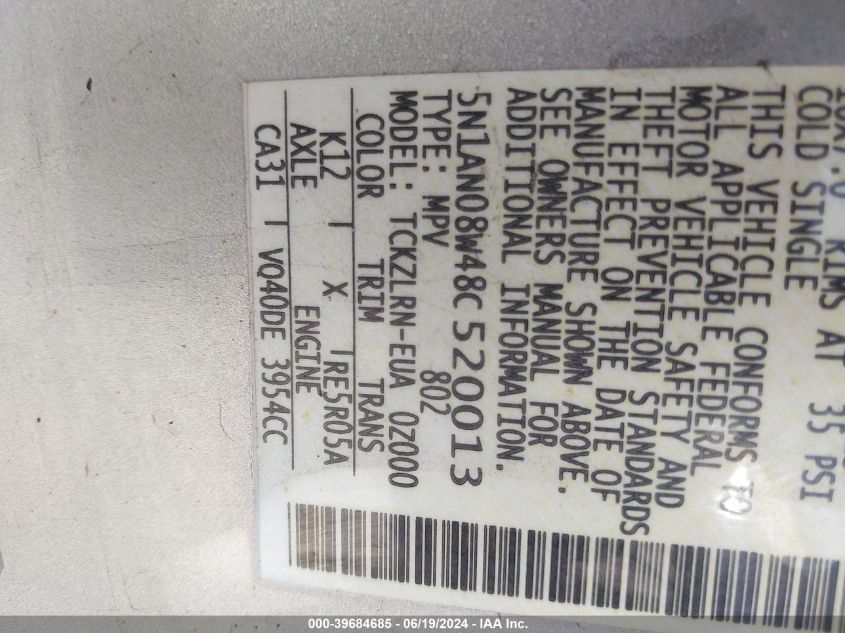 2008 Nissan Xterra Off Road/S/Se VIN: 5N1AN08W48C520013 Lot: 39684685