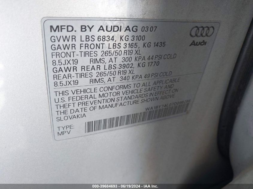 2007 Audi Q7 3.6 Premium VIN: WA1BY74L07D096286 Lot: 39684693