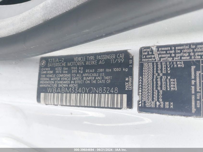2000 BMW 323 Ci VIN: WBABM3340YJN83248 Lot: 39684694