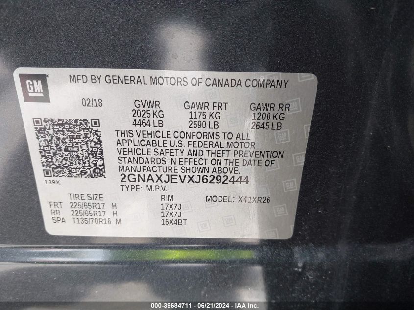 2018 Chevrolet Equinox Lt VIN: 2GNAXJEVXJ6292444 Lot: 39684711