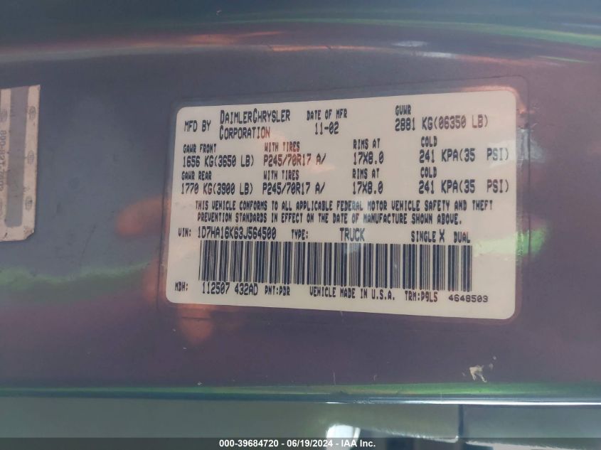 2003 Dodge Ram 1500 St VIN: 1D7HA16K63J564500 Lot: 39684720