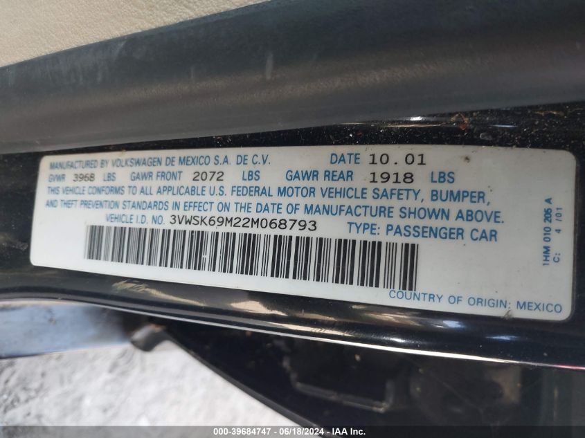 2002 Volkswagen Jetta Gls VIN: 3VWSK69M22M068793 Lot: 39684747