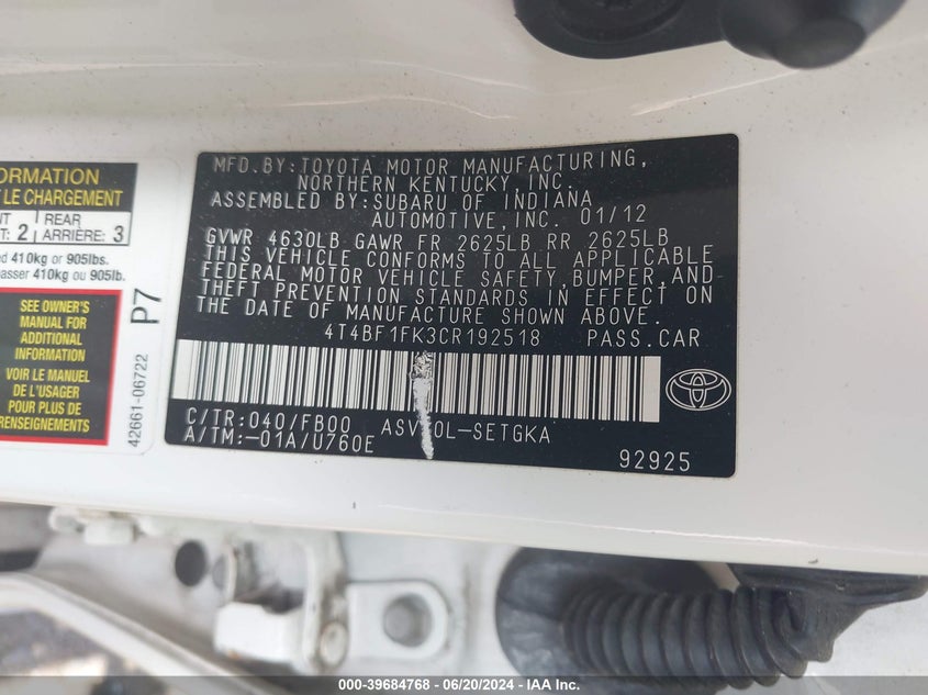 2012 Toyota Camry Xle VIN: 4T4BF1FK3CR192518 Lot: 39684768