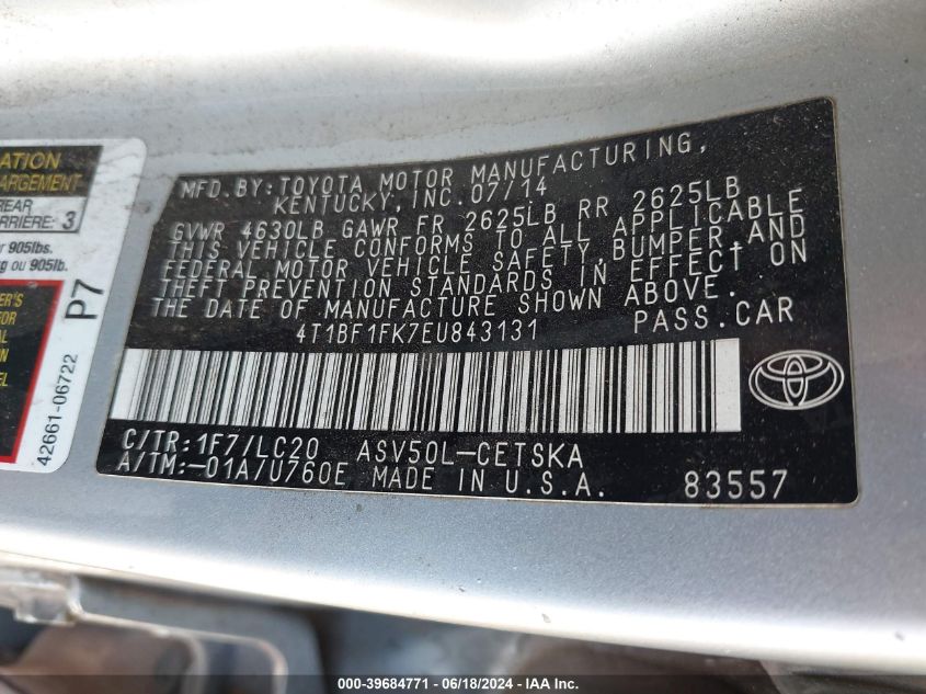 4T1BF1FK7EU843131 | 2014 TOYOTA CAMRY