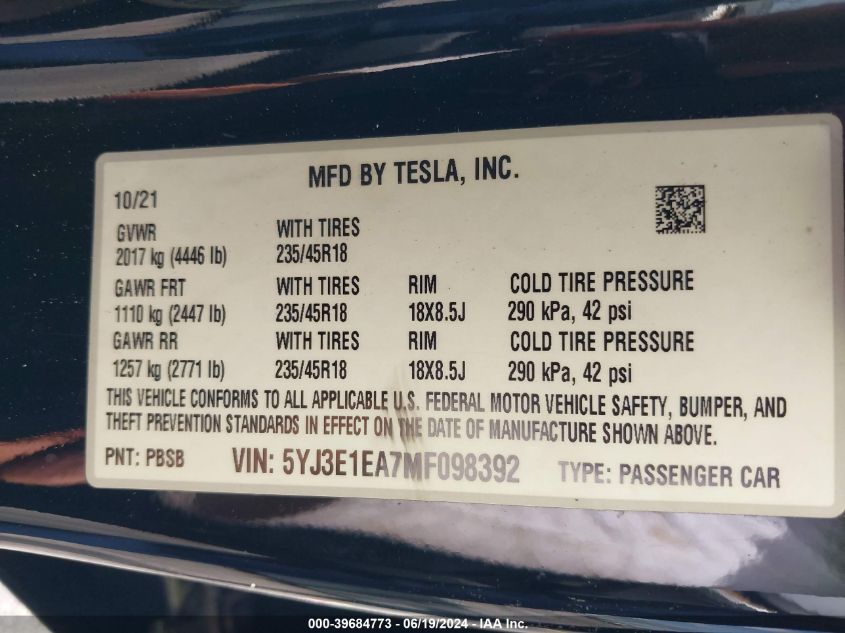 2021 Tesla Model 3 Standard Range Plus Rear-Wheel Drive VIN: 5YJ3E1EA7MF098392 Lot: 39684773