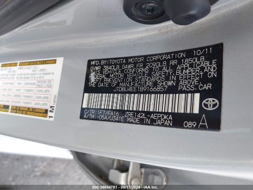 2011 Toyota Corolla VIN: JTDBU4EE1B9166857 Lot: 39684781