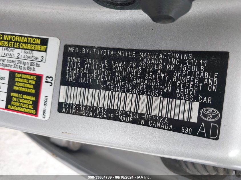 2011 Toyota Corolla S VIN: 2T1BU4EE3BC734052 Lot: 39684789