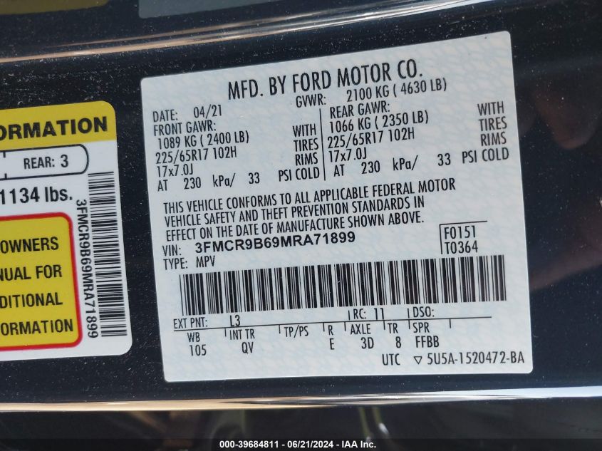 2021 Ford Bronco Sport Big Bend VIN: 3FMCR9B69MRA71899 Lot: 39684811