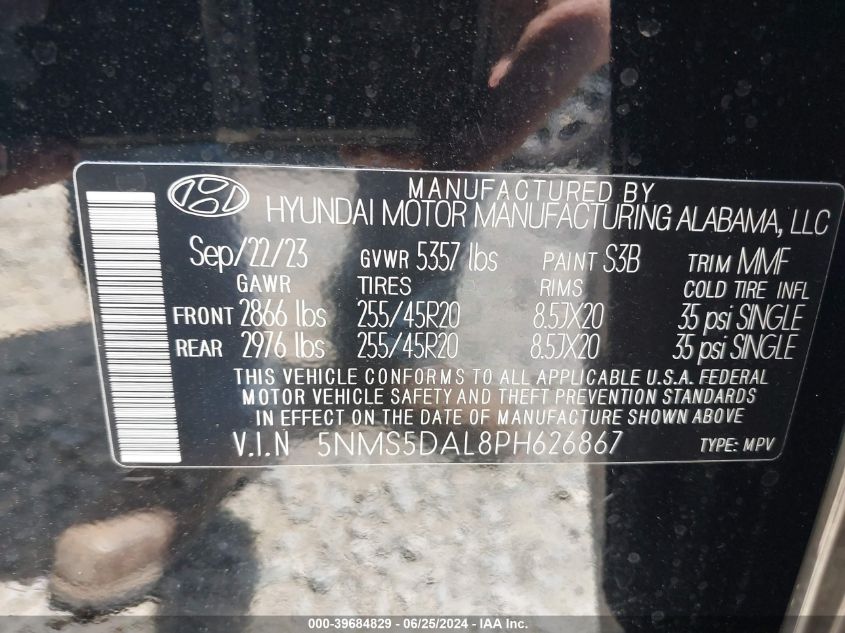 2023 Hyundai Santa Fe Calligraphy VIN: 5NMS5DAL8PH626867 Lot: 39684829