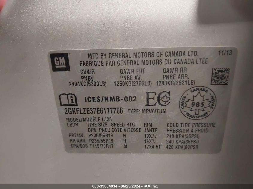 2014 GMC Terrain Denali VIN: 2GKFLZE37E6177706 Lot: 39684834