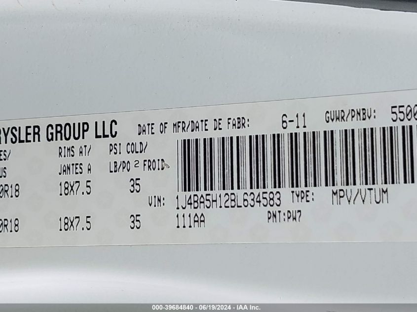 2011 Jeep Wrangler Unlimited Sahara VIN: 1J4BA5H12BL634583 Lot: 39684840