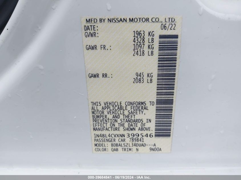 2022 Nissan Altima Sr VIN: 1N4BL4CVXNN399546 Lot: 39684841