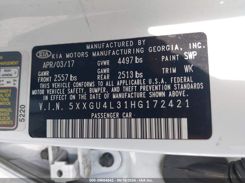 2017 Kia Optima Ex VIN: 5XXGU4L31HG172421 Lot: 39684842