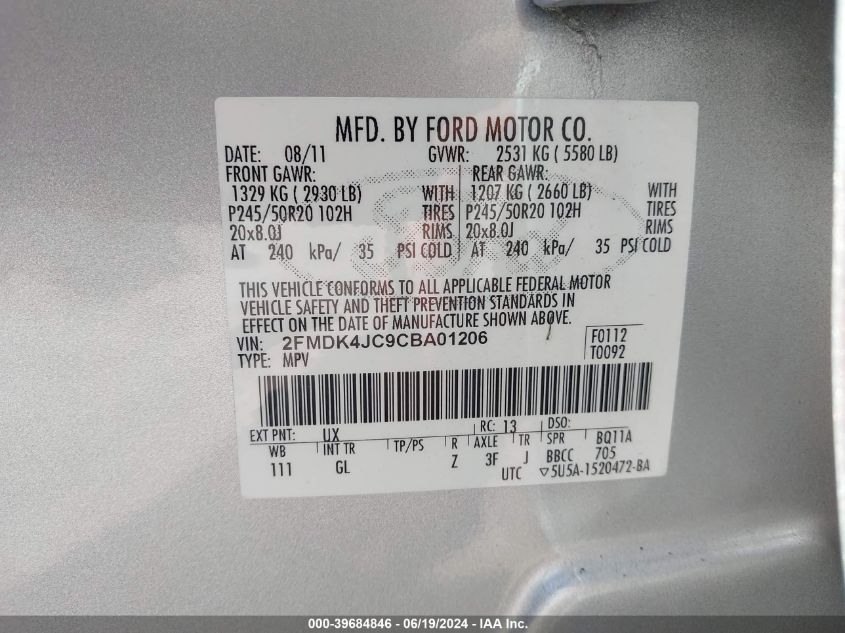 2012 Ford Edge Sel VIN: 2FMDK4JC9CBA01206 Lot: 39684846