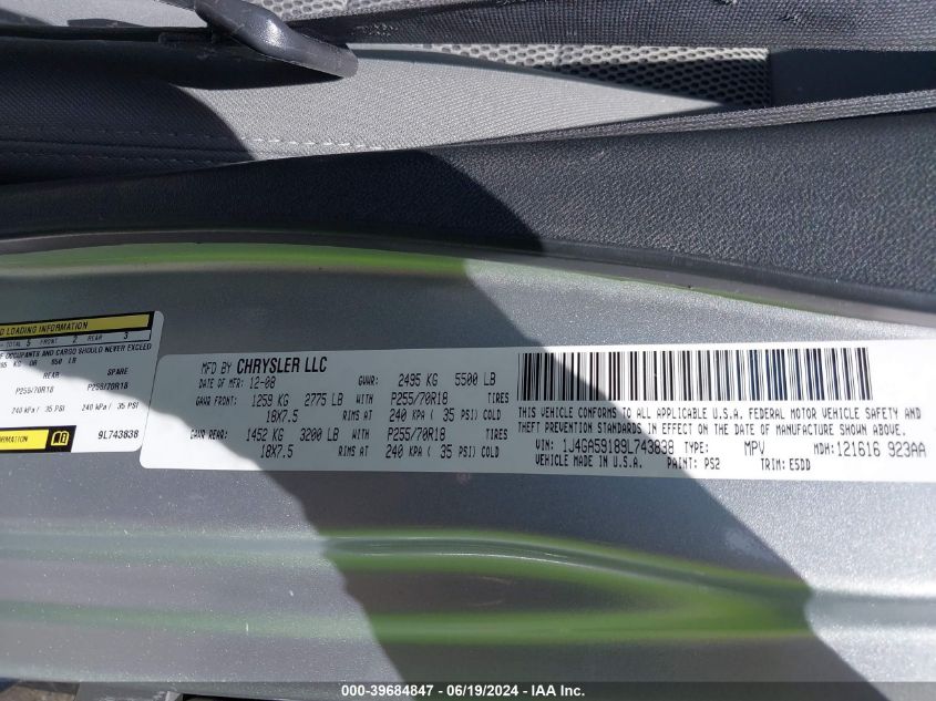 2009 Jeep Wrangler Unlimited Sahara VIN: 1J4GA59189L743838 Lot: 39684847