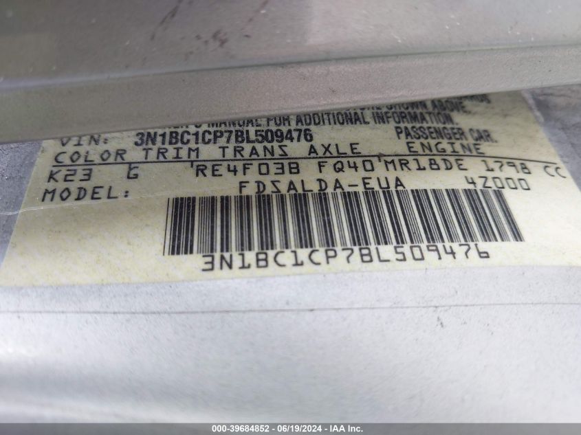 2011 Nissan Versa 1.8S VIN: 3N1BC1CP7BL509476 Lot: 39684852