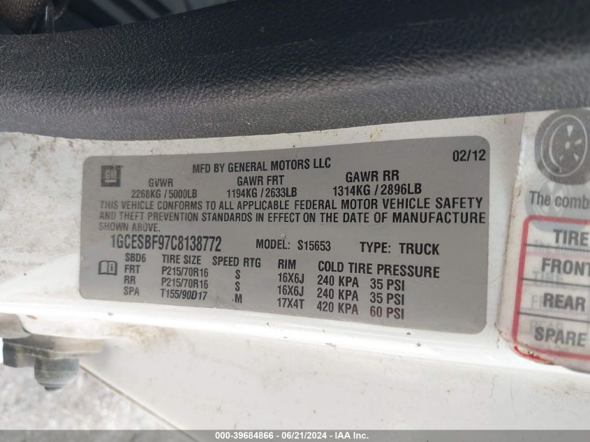 2012 Chevrolet Colorado Work Truck VIN: 1GCESBF97C8138772 Lot: 39684866