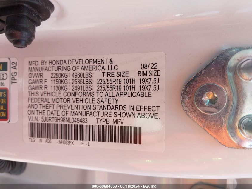 2022 HONDA CR-V TOURING - 5J6RT6H98NL049483