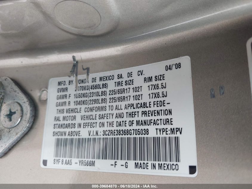 2008 Honda Cr-V Lx VIN: 3CZRE38368G705038 Lot: 39684870