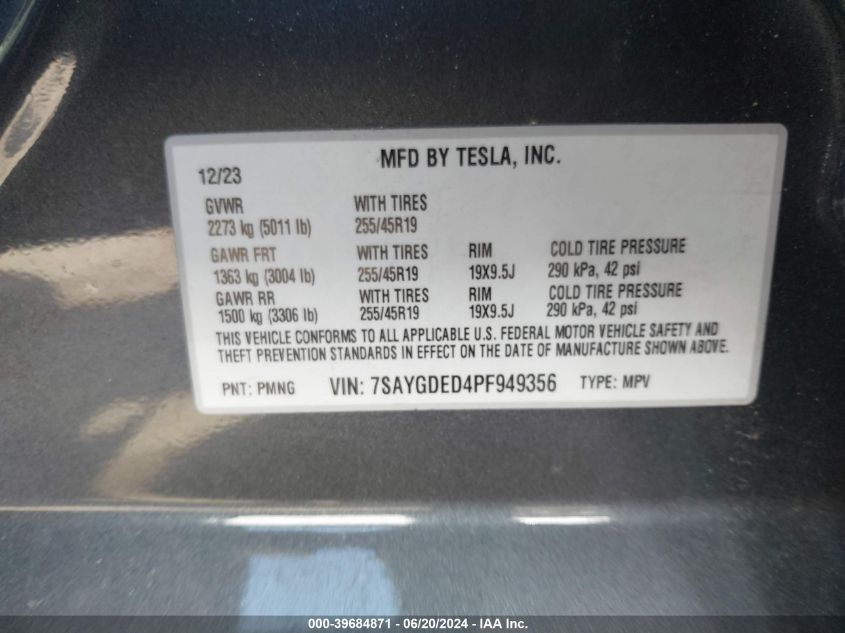 2023 Tesla Model Y Rwd VIN: 7SAYGDED4PF949356 Lot: 39684871