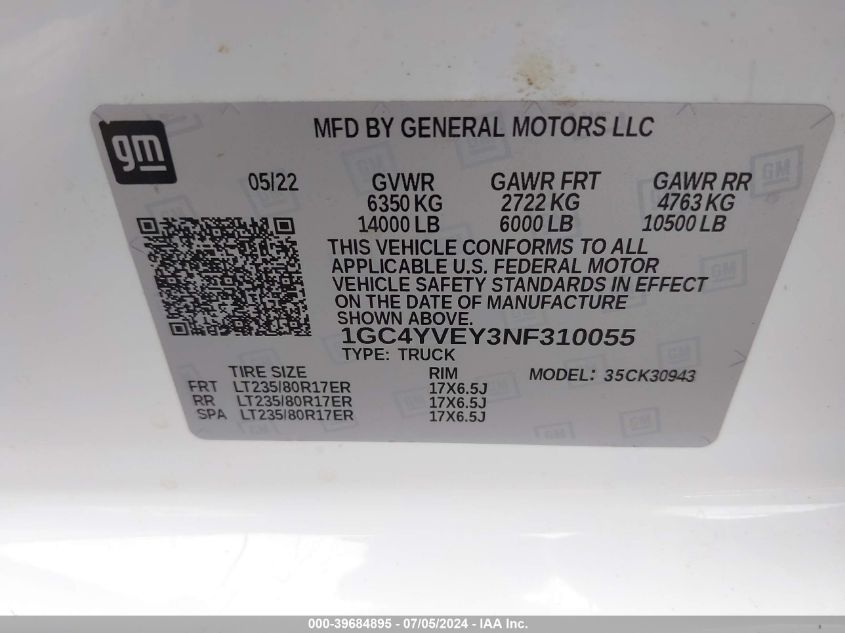 2022 Chevrolet Silverado 3500Hd 4Wd Long Bed High Country VIN: 1GC4YVEY3NF310055 Lot: 39684895