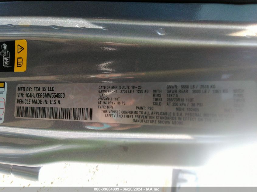 2021 Jeep Wrangler Unlimited Sahara VIN: 1C4HJXEG6MW554550 Lot: 39684899