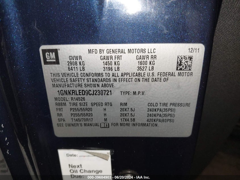 2012 Chevrolet Traverse Ltz VIN: 1GNKRLED9CJ230721 Lot: 39684903