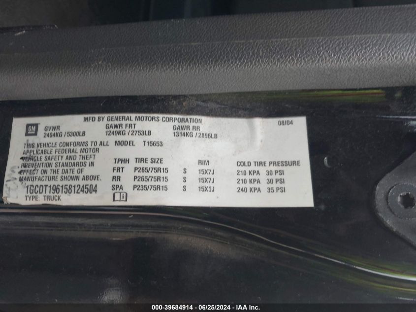 2005 Chevrolet Colorado Ls VIN: 1GCDT196158124504 Lot: 39684914