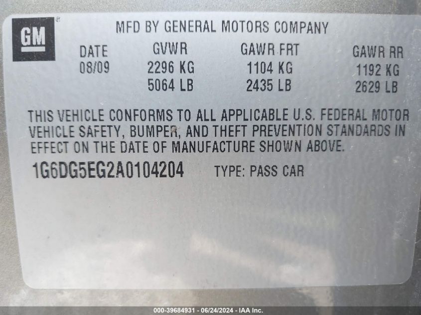 2010 Cadillac Cts Luxury VIN: 1G6DG5EG2A0104204 Lot: 39684931