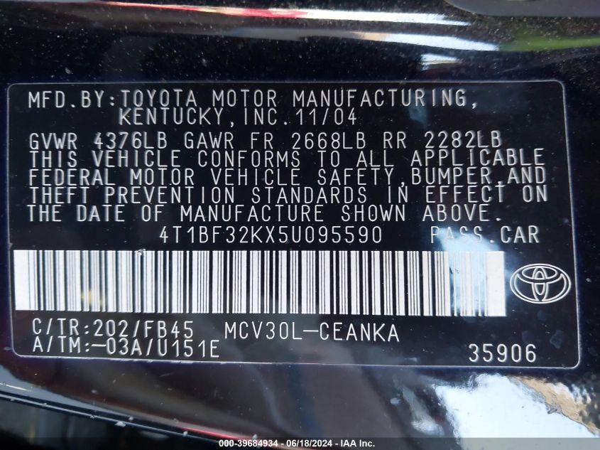 2005 Toyota Camry Le V6 VIN: 4T1BF32KX5U095590 Lot: 39684934