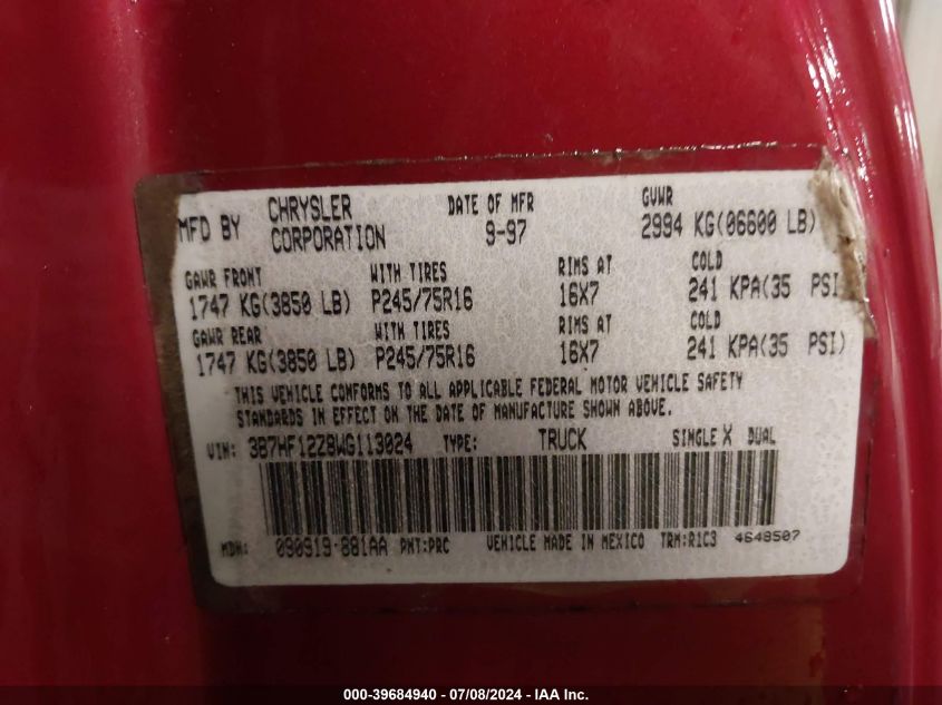 1998 Dodge Ram 1500 St VIN: 3B7HF12Z8WG113024 Lot: 39684940