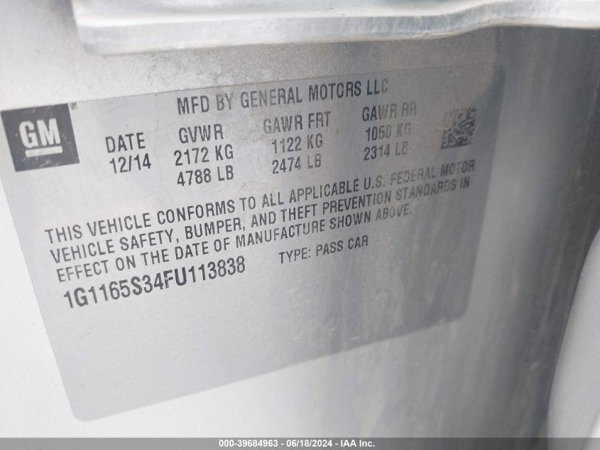 2015 Chevrolet Impala 2Lz VIN: 1G1165S34FU113838 Lot: 39684963
