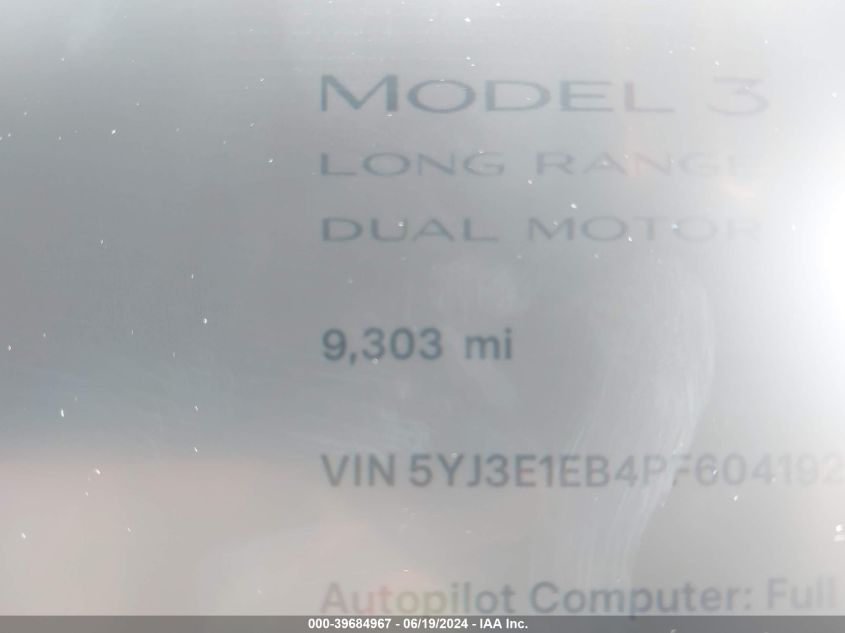 2023 Tesla Model 3 VIN: 5YJ3E1EB4PF604192 Lot: 39684967