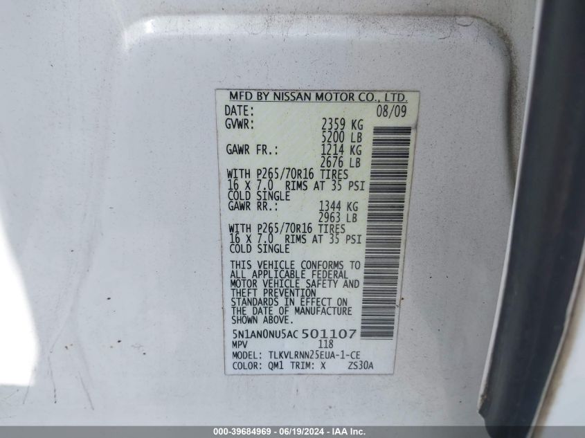 2010 Nissan Xterra Off Road/S/Se VIN: 5N1AN0NU5AC501107 Lot: 39684969