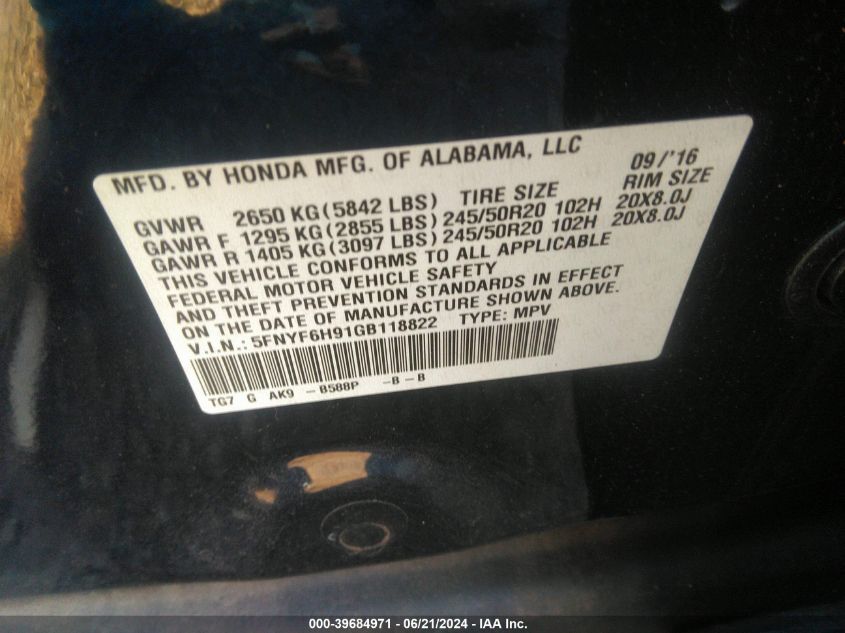 2016 Honda Pilot Touring VIN: 5FNYF6H91GB118822 Lot: 39684971