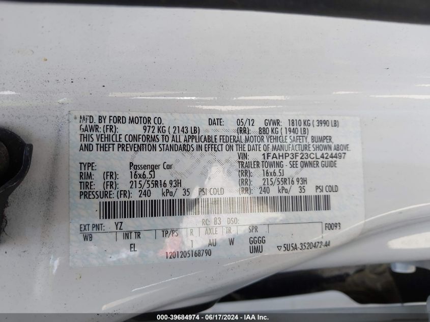 2012 Ford Focus Se VIN: 1FAHP3F23CL424497 Lot: 39684974