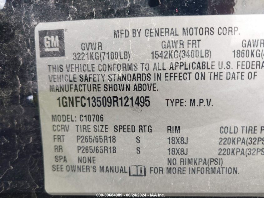 2009 Chevrolet Tahoe Hybrid VIN: 1GNFC13509R121495 Lot: 39684989