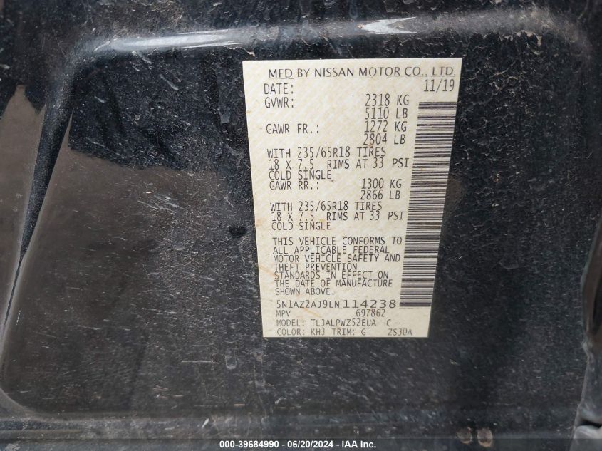 2020 Nissan Murano S VIN: 5N1AZ2AJ9LN114238 Lot: 39684990